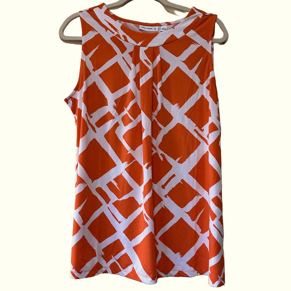 Susan Graver Liquid Knit Bright Orange Pattern V-Neck Sleeveless Top Size Large